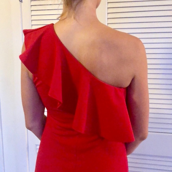 Apple Red Stretch one-Shoulder Ruffle Dress - Picture 8 of 8